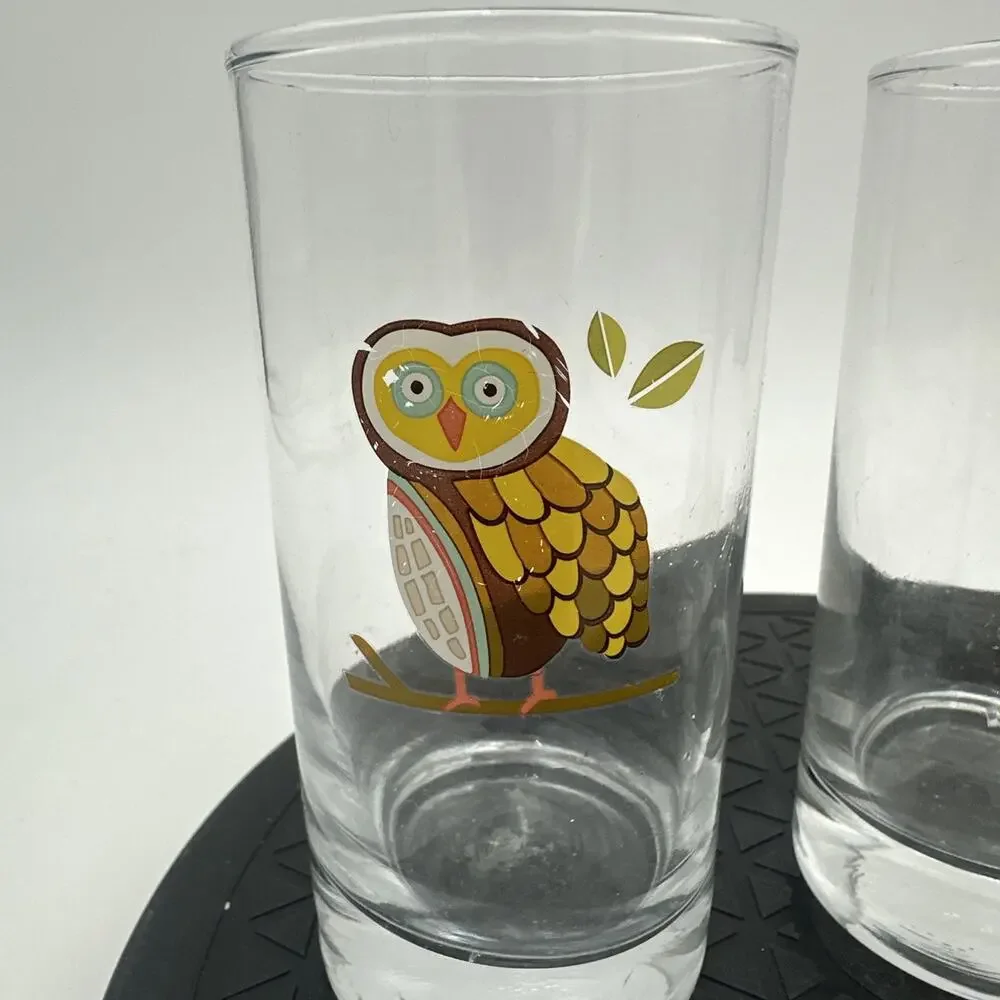 Set Of 3 Vintage Libbey Hoot Owl Small Juice Retro Drinking Glasses